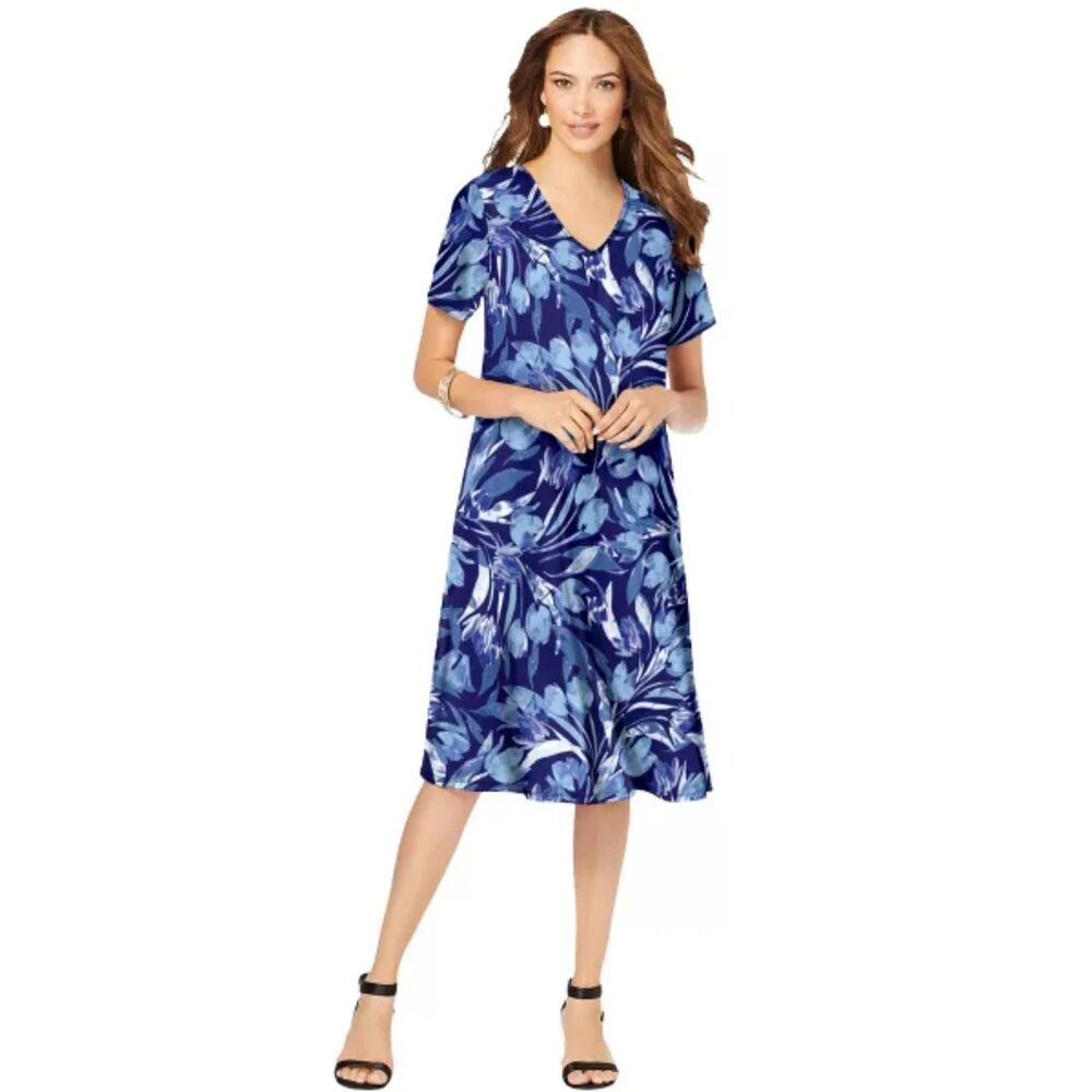 Roaman's Women's Plus Size Blue‎ Ultrasmooth Plus Size V-Neck Swing Dress 14/16
